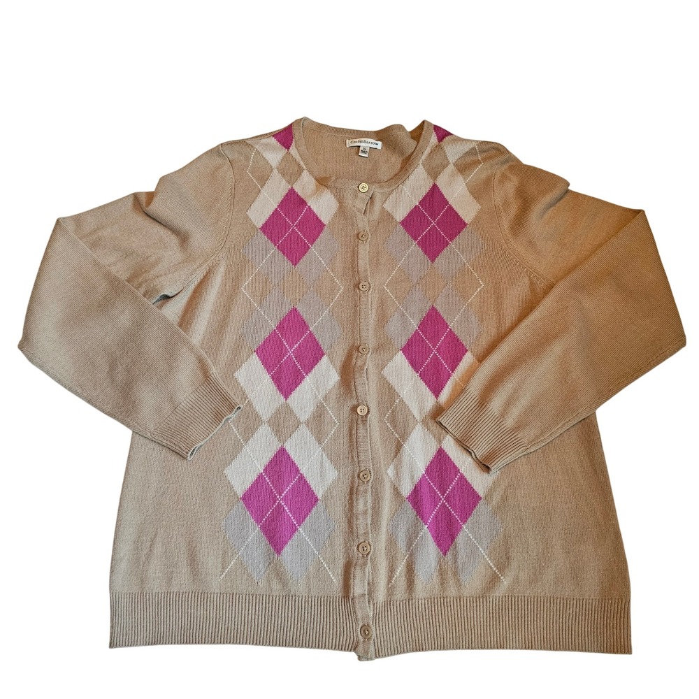 Croft & Barrow Argyle‎ Cardigan Sweater Button Front Pink Tan XL